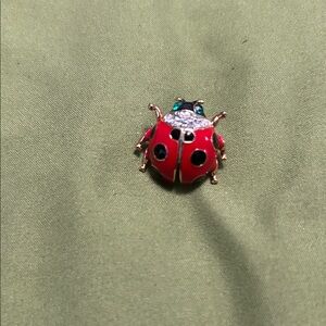 Red Ladybug Brooch lapel pins with green and clear rhinestones